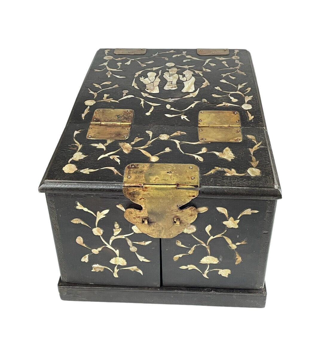 Vintage Asian Handmade Wooden Vanity Box With Inlaid Pearl