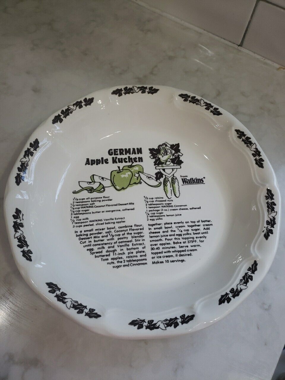 Watkins German Apple Kuchen Recipe Pie Plate Dish Vintage 1983