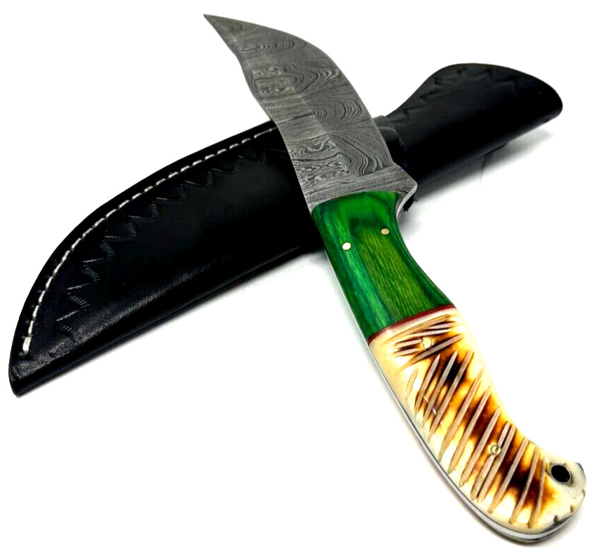 Hand Forged Damascus Steel Green Wood Marble Handle Luxury  Fighter Knife 11 In