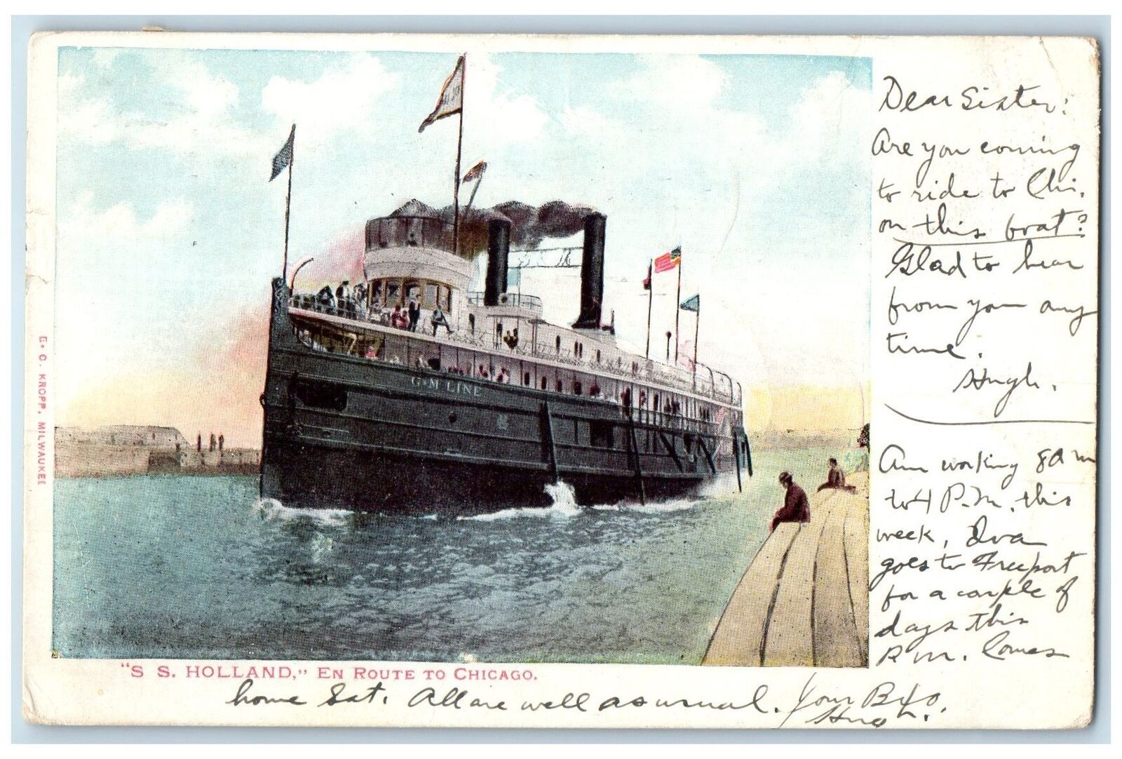 1907 SS Holland G & M Line Steamer Ship Enroute To Chicago Illinois IL Postcard