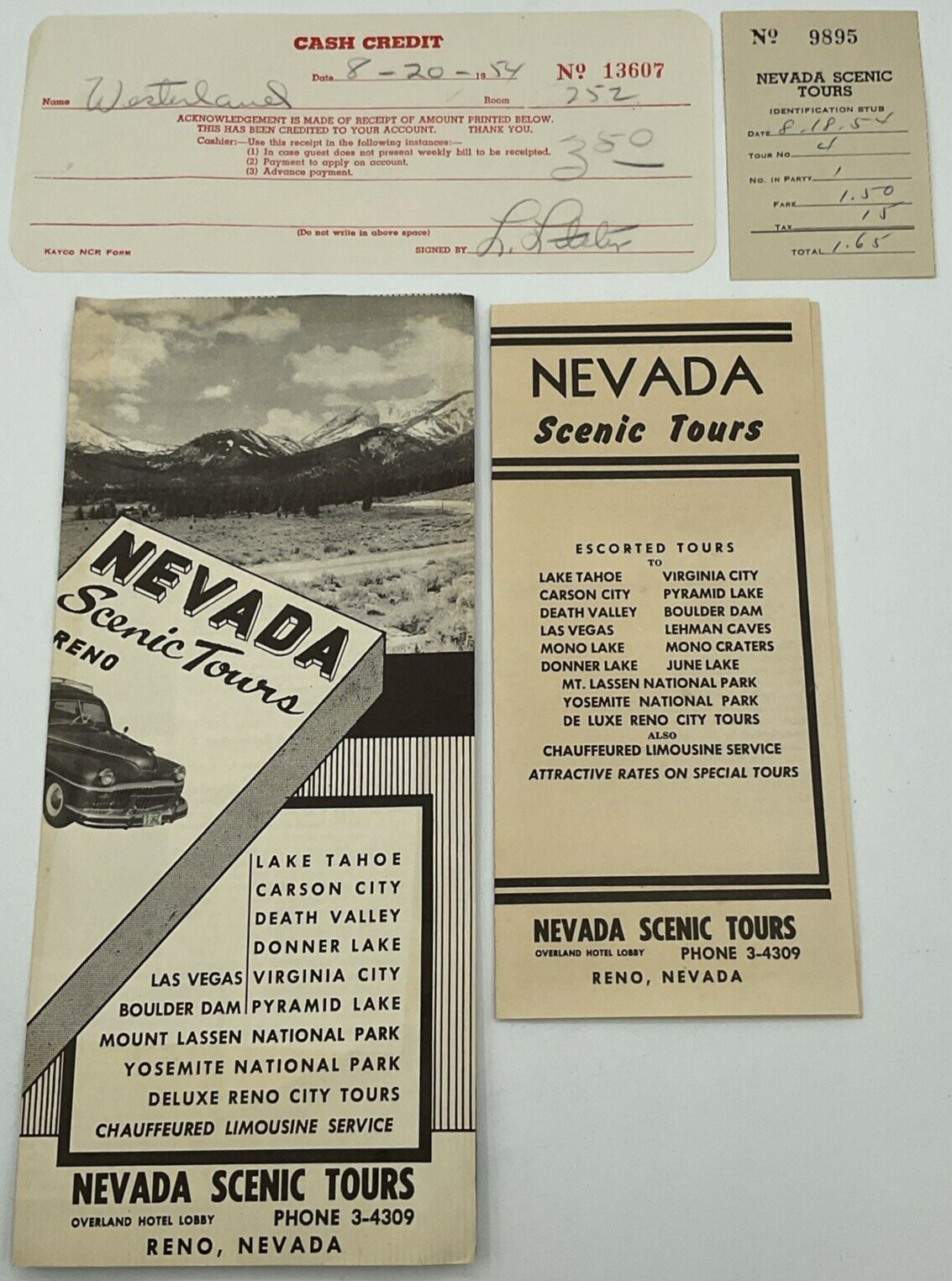 Vintage Rare Nevada Scenic Tours Ephemera 1954 Overland Hotel Escorted Receipt