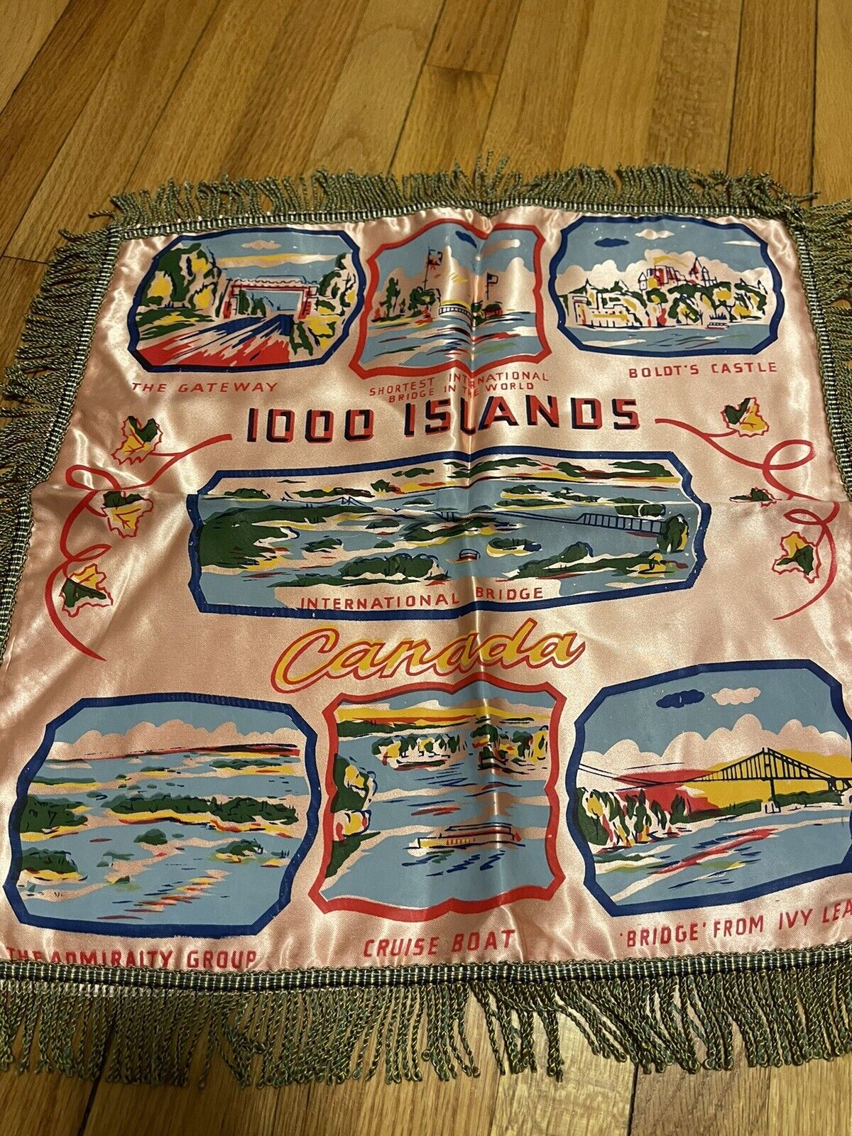 Vintage RARE 1940s Souvenir Silk Fringed Pillow Slip Cover 1000 Islands Canada
