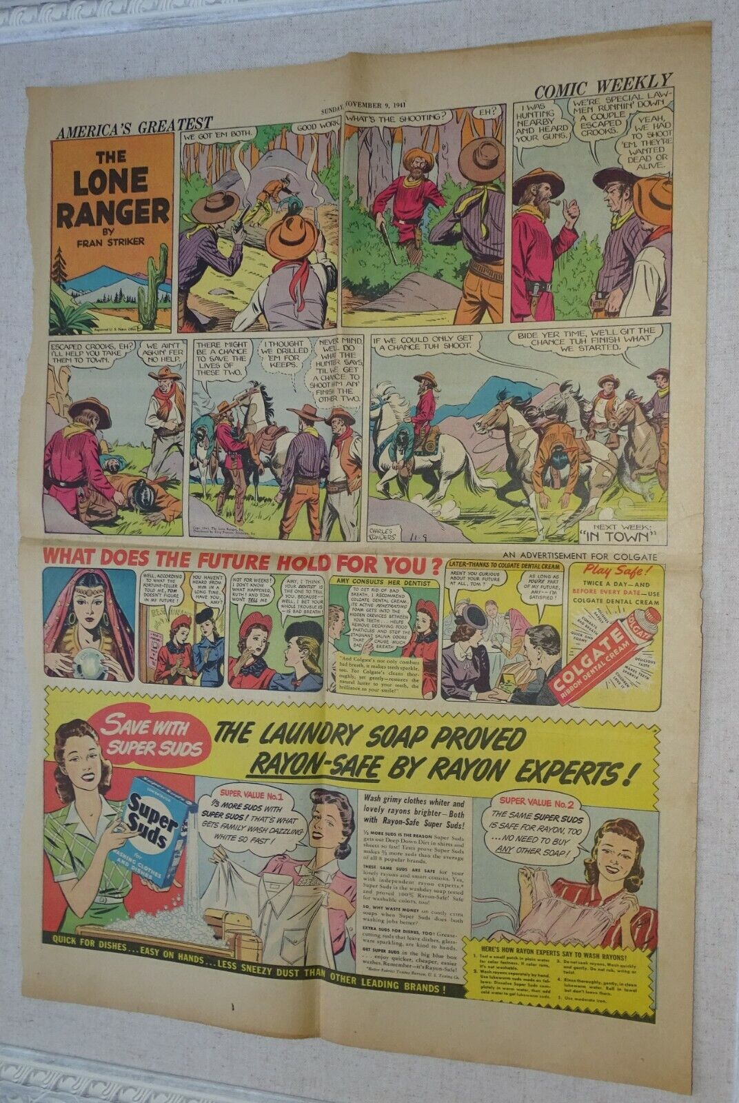 1941 Lone Ranger Comic Strip Color Page from a Boston Newspaper
