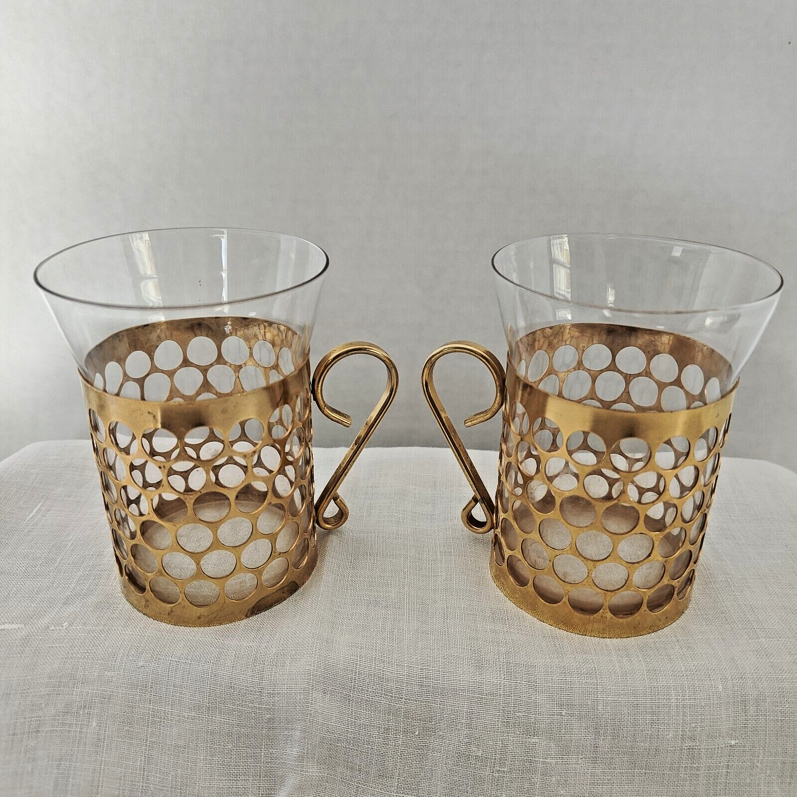 2 Royal Krona Sweden IRISH COFFEE Expresso Cups Mugs Gold Tone Metal & Glass
