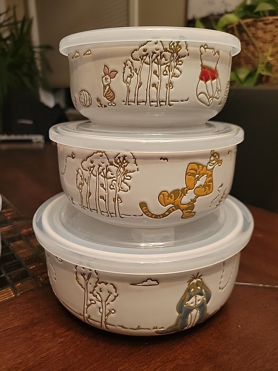 Disney Winnie The Pooh/Friends Set Of 3 Ceramic Bowls w/Vented Lids