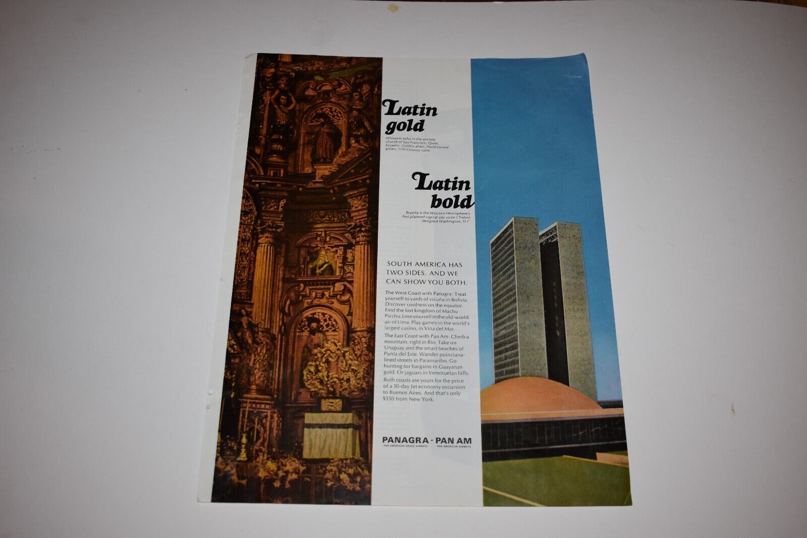 Vintage 1966 Panagra - Pan Am Airlines Latin Gold Latin Bold Print Ad.