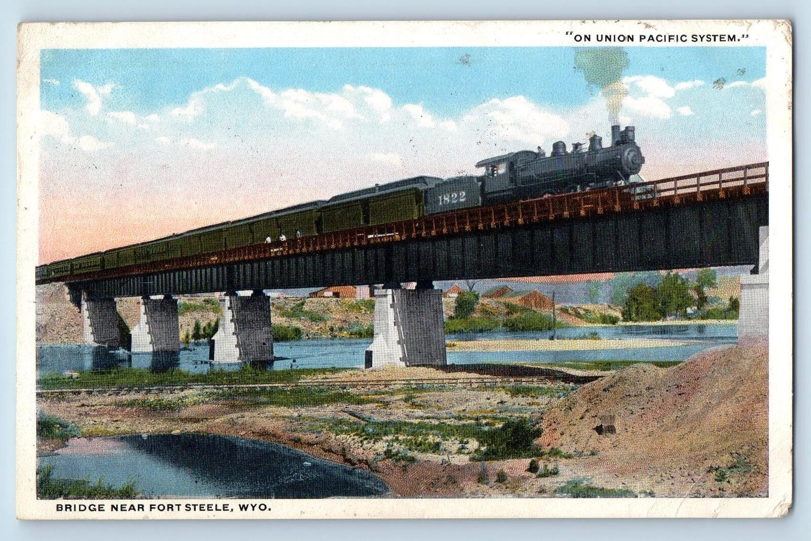 1916 Union Pacific System Locomotive Bridge Fort Steele Wyoming Antique Postcard