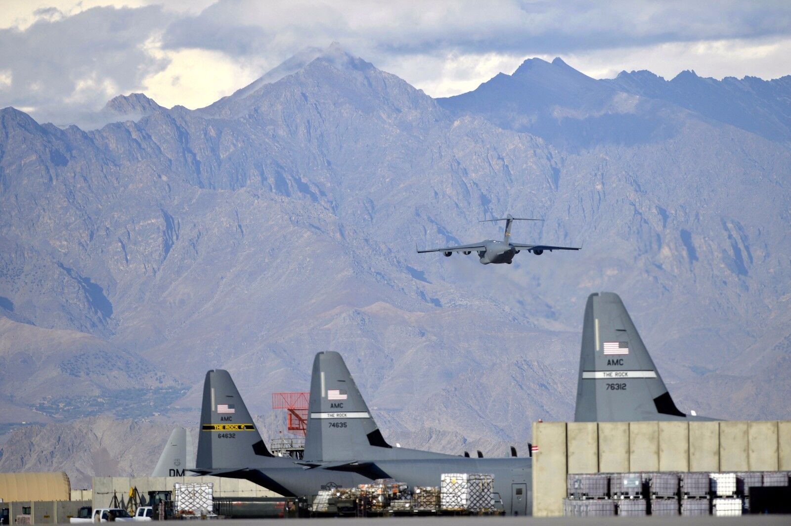 C-17 Globemaster III takes off into the mountains, Bagram Air Field, Afghanistan