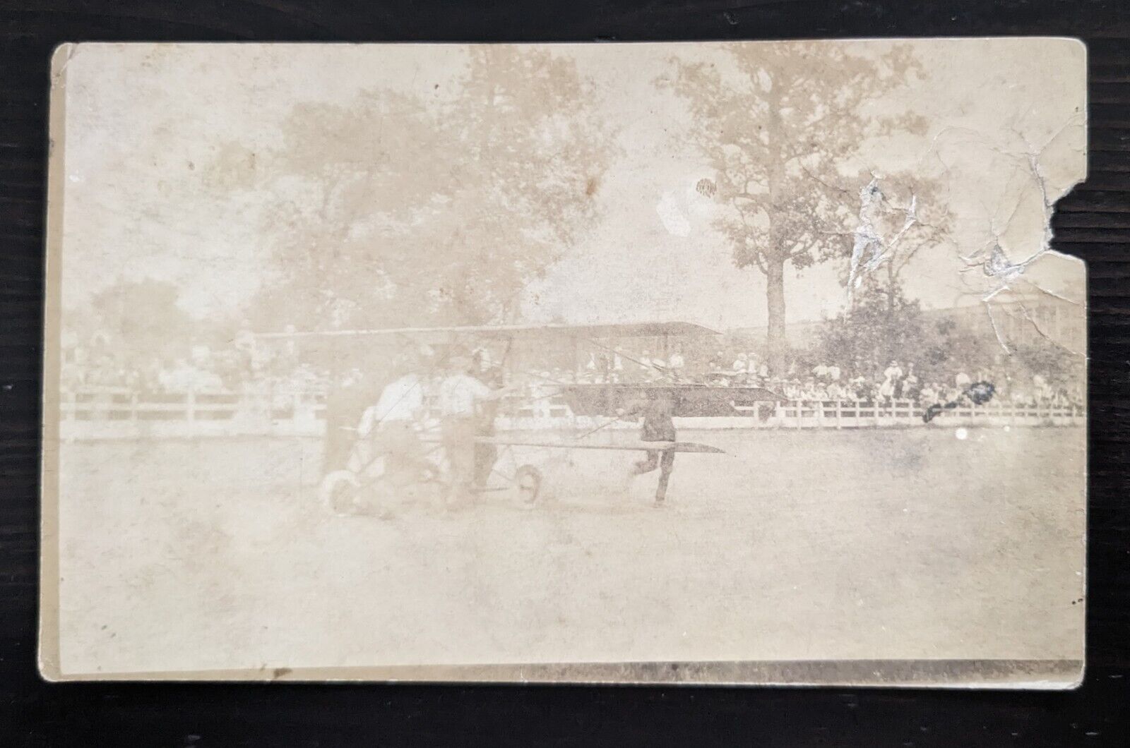 RPPC Early Aviation Men Push Airplane as Crowd Watches Possible Ohio Postcard