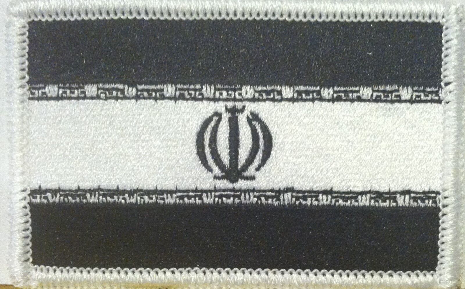IRAN Flag Patch W/ VELCRO® Brand  Fastener B & W Tactical White Border #22