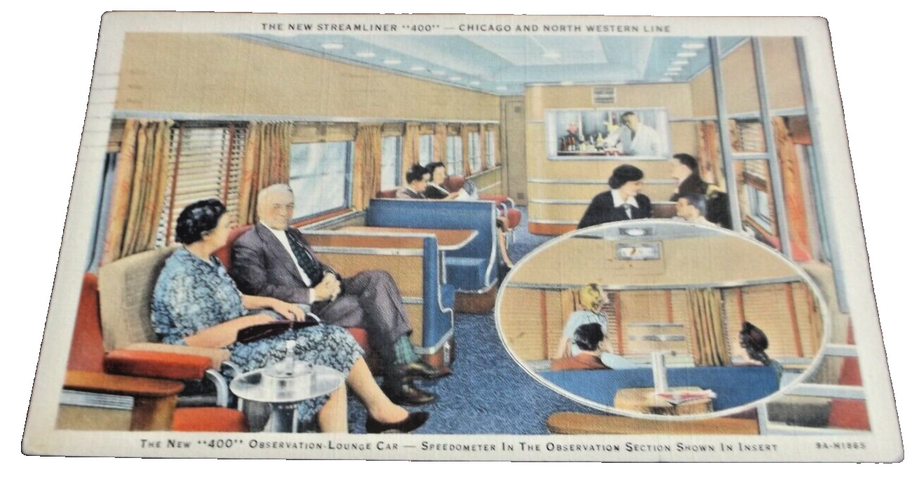1941 C&NW CHICAGO & NORTH WESTERN 400's LOUNGE USED LINEN COMPANY POST CARD