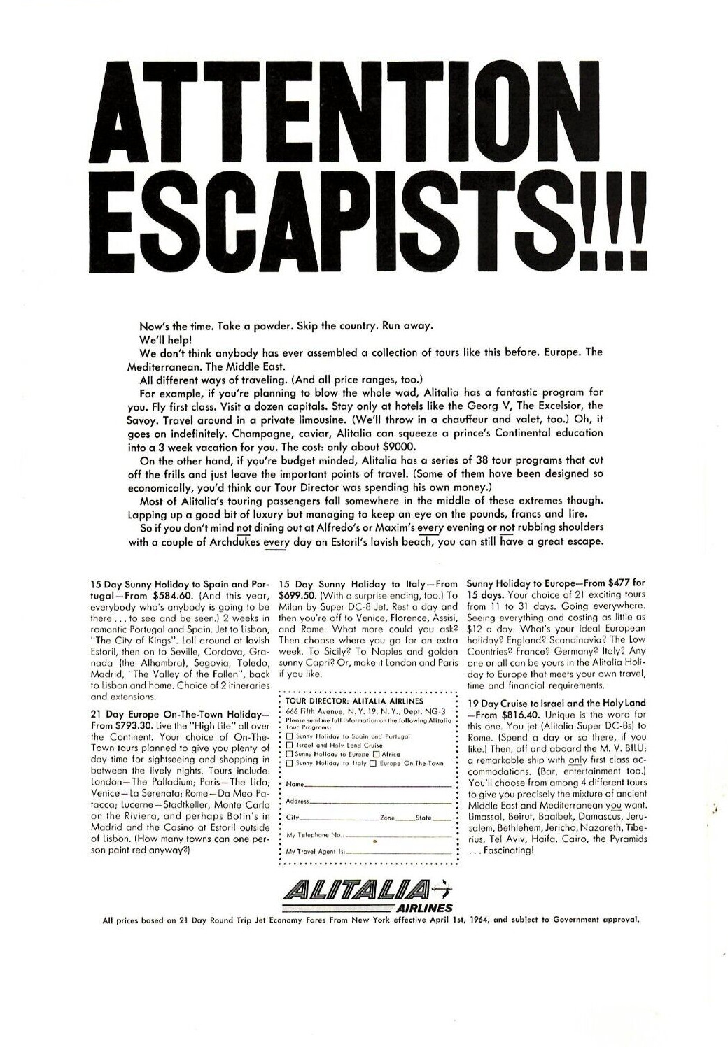1964 Print Ad  Alitalia Airlines Attention Escapists 38 tour Programs