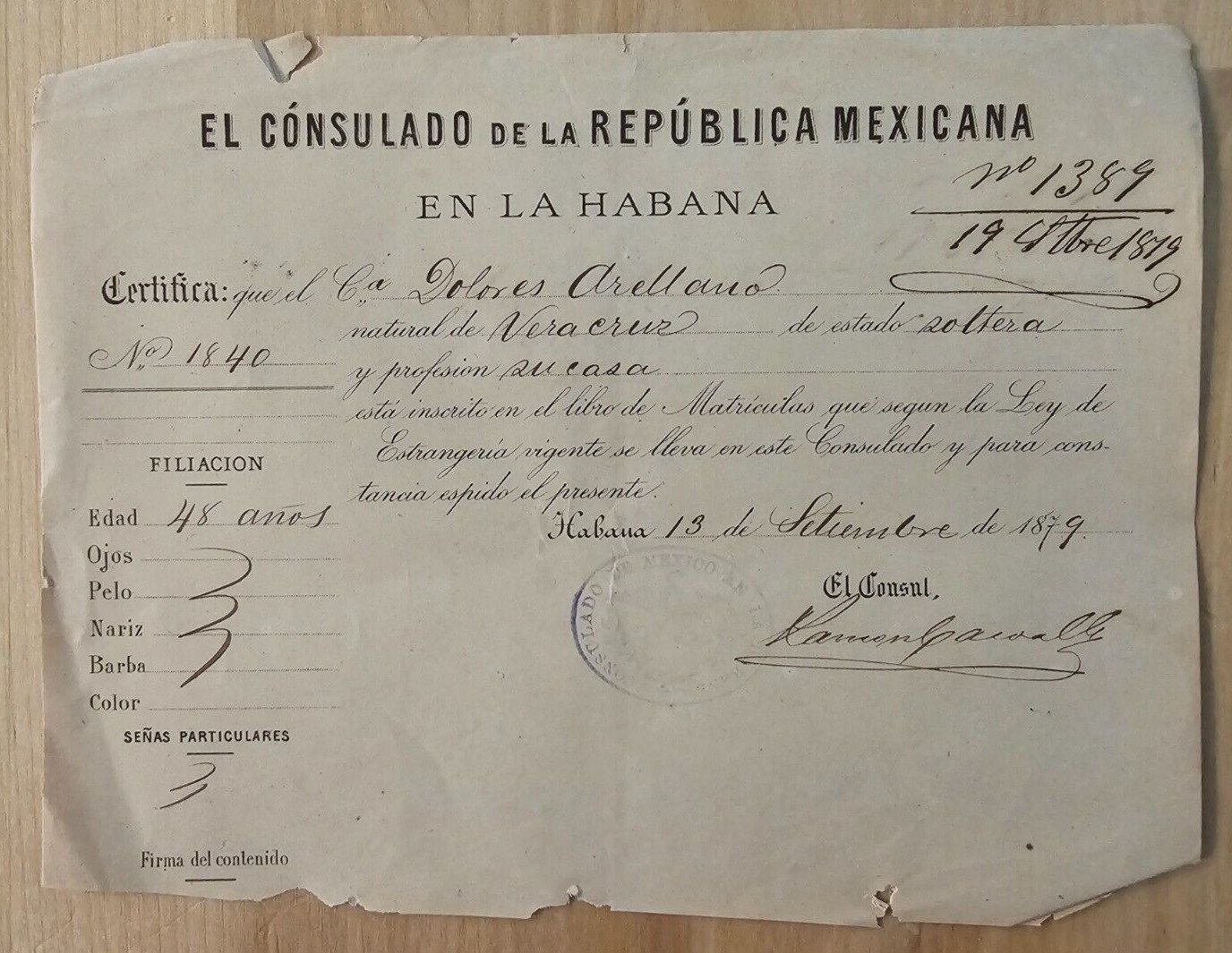 Cuban Cuba Letter 1879 MEXICO MEXICAN EMBASSY Nationality Certificate DOCUMENT