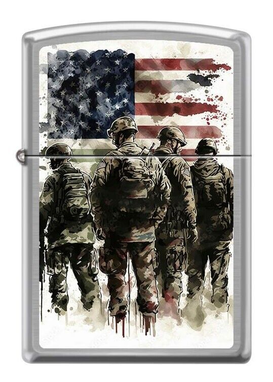 US Soldiers with American Flag Design Patriotic Chrome Zippo Lighter