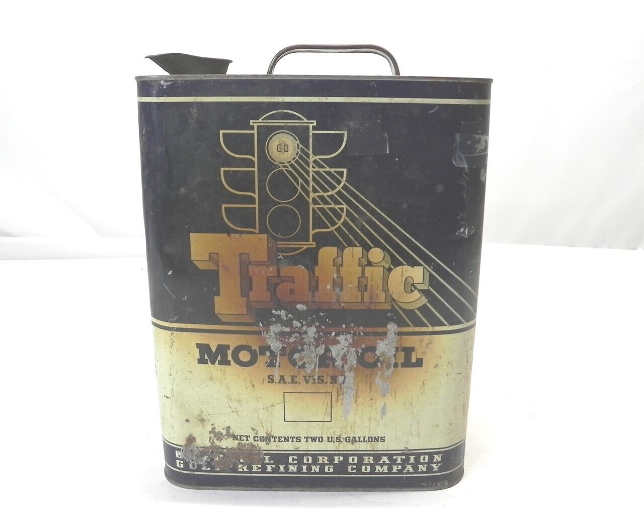 VINTAGE GULF TRAFFIC MOTOR OIL SAE40 2 GALLON CAN *EMPTY* SURFACE WEAR PRE-OWNED