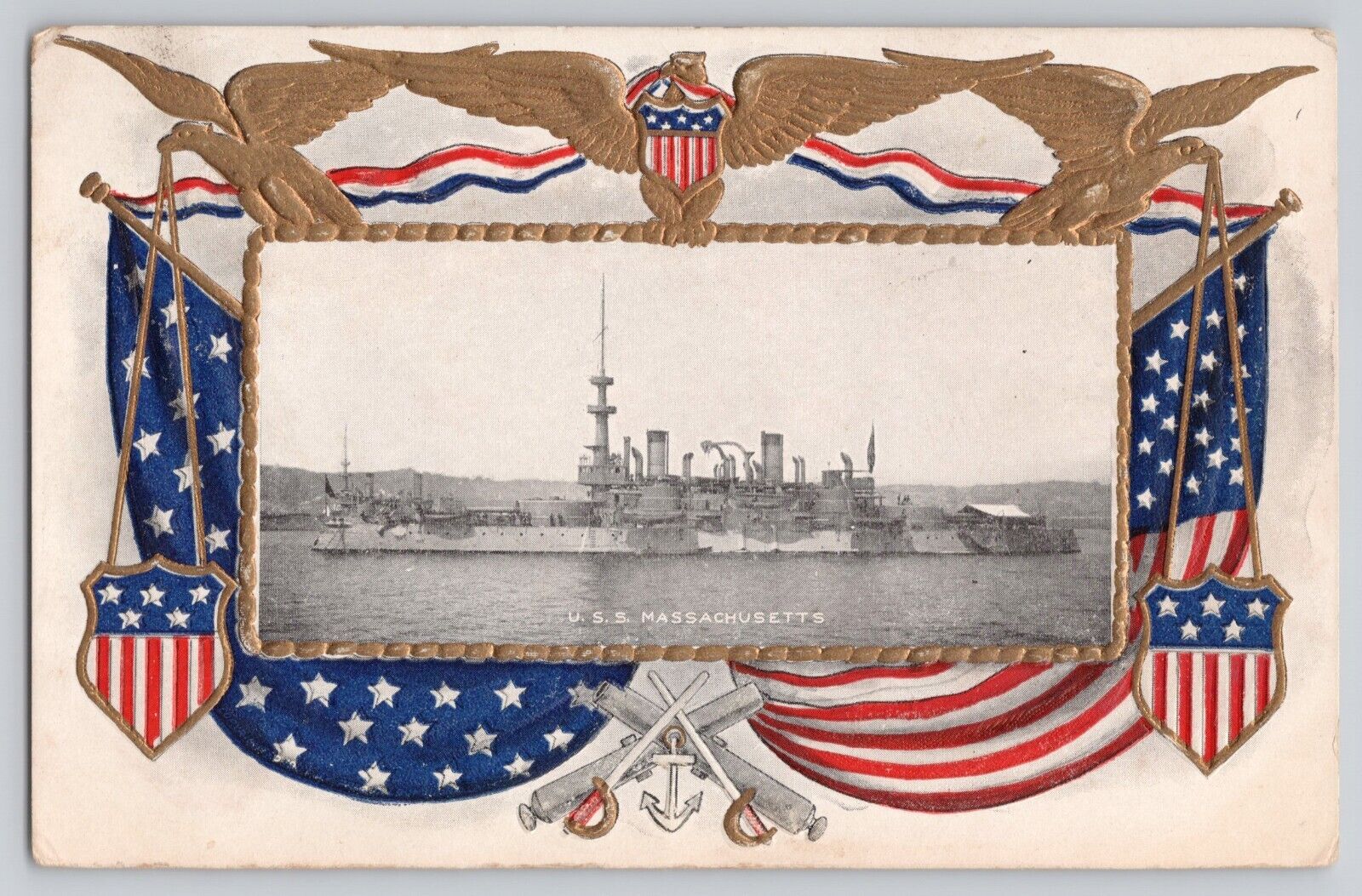 USS Massachusetts Battleship BB 2 Postcard Patriotic Postmarked 1909 V*