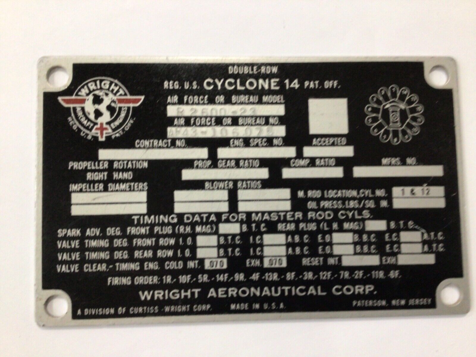 Curtiss Wright AF Aircraft Cyclone 14 acid etched data plate helicopter