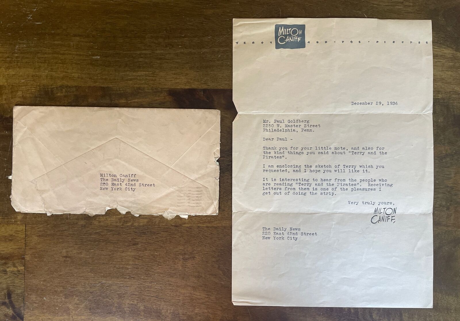 RARE Vintage Milton Caniff Cartoonist Envelope And Letter Comic Artist 1936