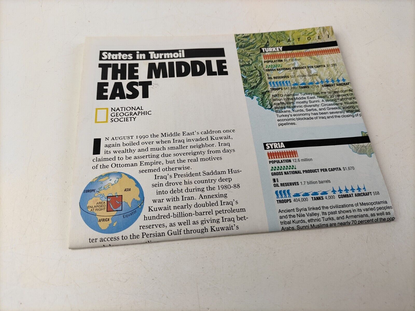 ⫸ 1991-2 February MIDDLE EAST States in Turmoil National Geographic Map - A1