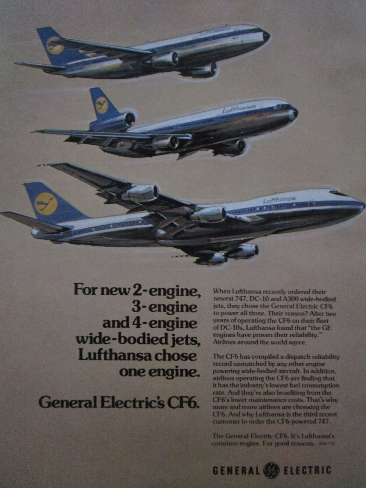 7/1975 PUB GENERAL ELECTRIC CF6 ENGINE AIRBUS A300 DC-10 BOING 747 LUFTHANSA AD