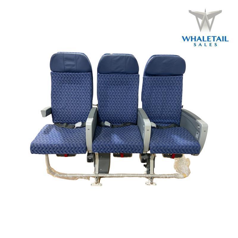 MD-80 Aircraft Row of 3 Seats Blue Cloth w/Leather Headrests Bulkhead with short