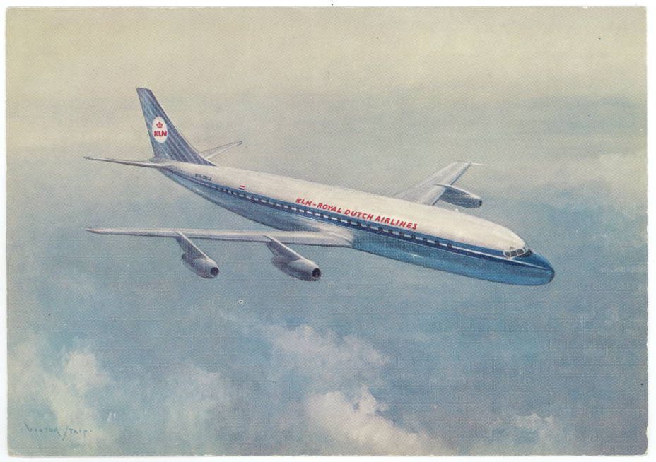 KLM Royal Dutch Airlines Douglas DC8 Airplane Vintage Victor J Trip Old Postcard