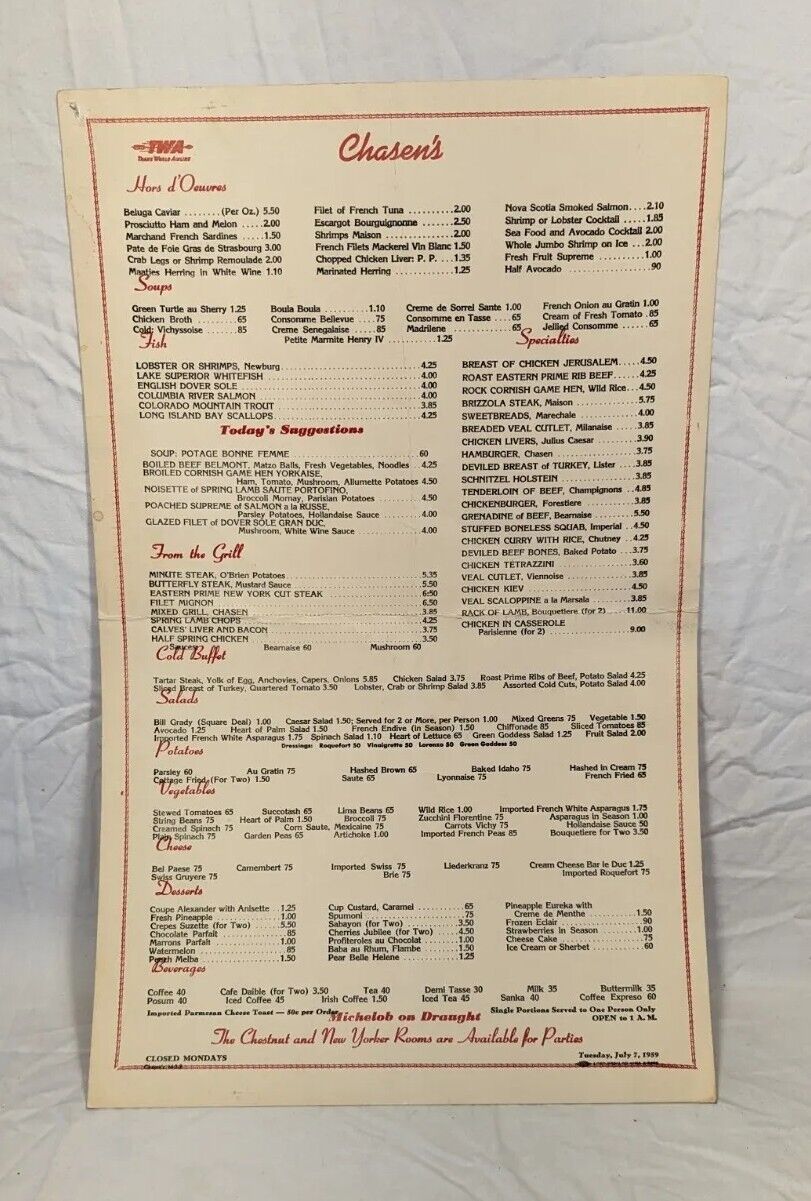 Vintage TWA Airline Restaurant Menu 1959