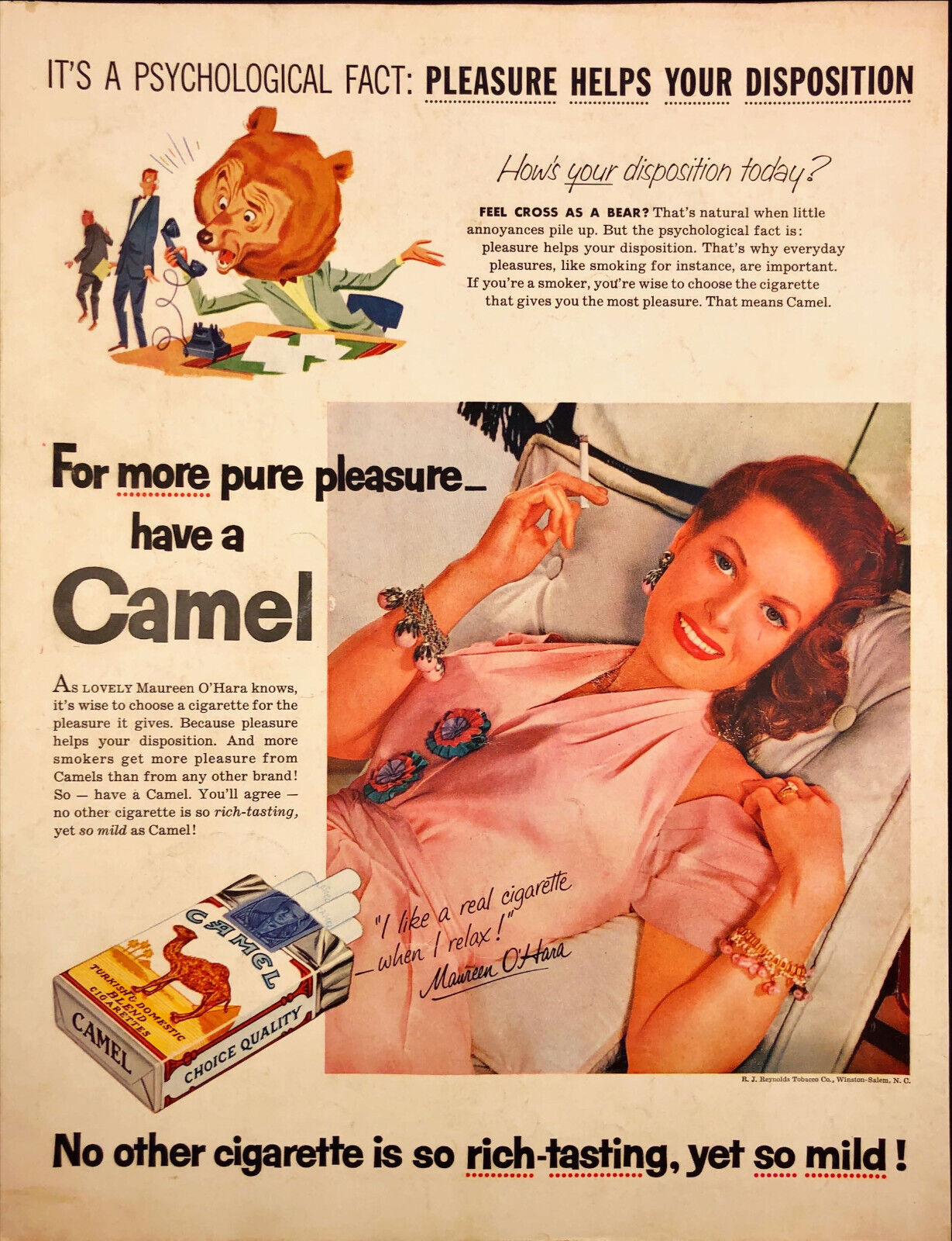 1955 Camel Cigarettes Print Ad Maureen O\'Hara Laying Down on Bed Smoking