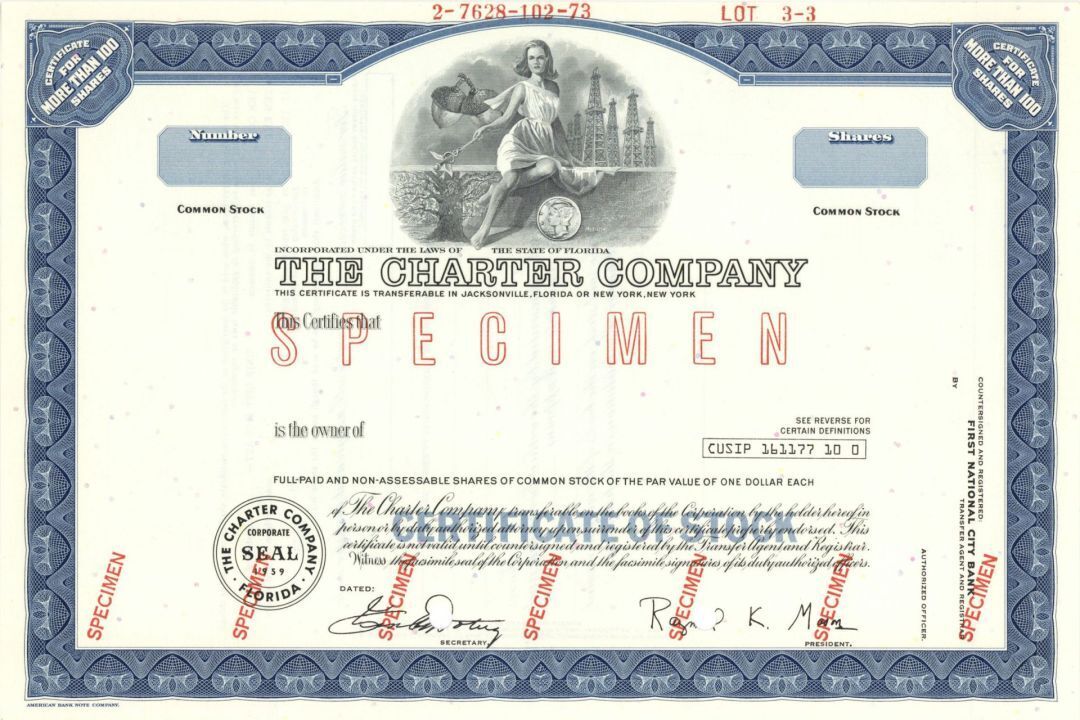 Charter Co. - 1959 Specimen Stock Certificate - Specimen Stocks & Bonds