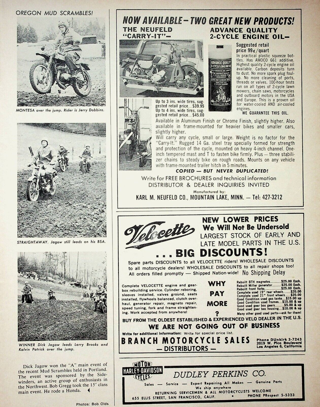 1965 Portland Mud Scrambles Dick Jagow - 1-Page Vintage Motorcycle Article