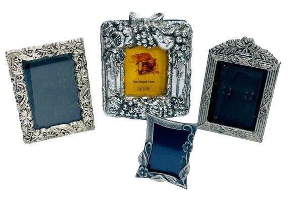 Lot Of 4 Pewter Style Vintage Small Miniature Picture Photo Frames Ornate Floral