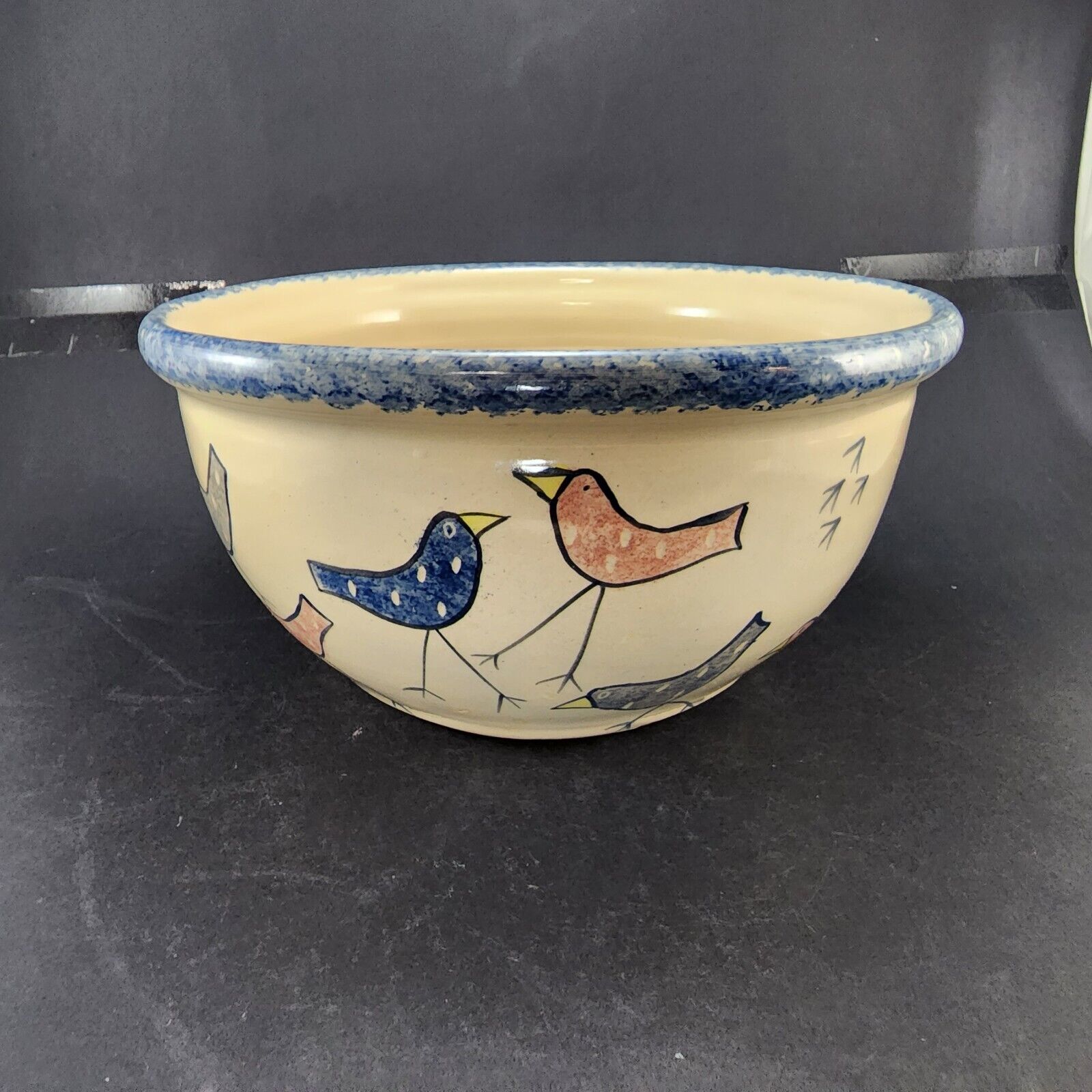 Large Clay Pottery Mixing Bowl Hand Painted Birds Blue Spongeware Lip 12\