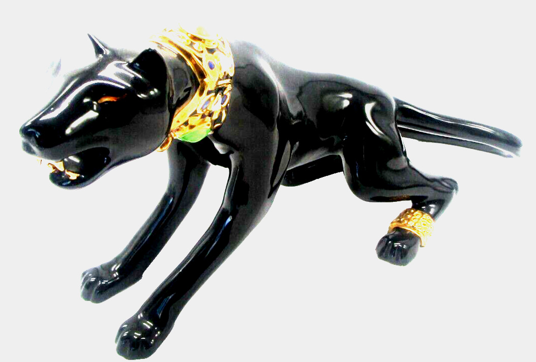 MINT Vintage MCM 1950's Large 20” Ceramic Jeweled Black Panther Figurine Signed