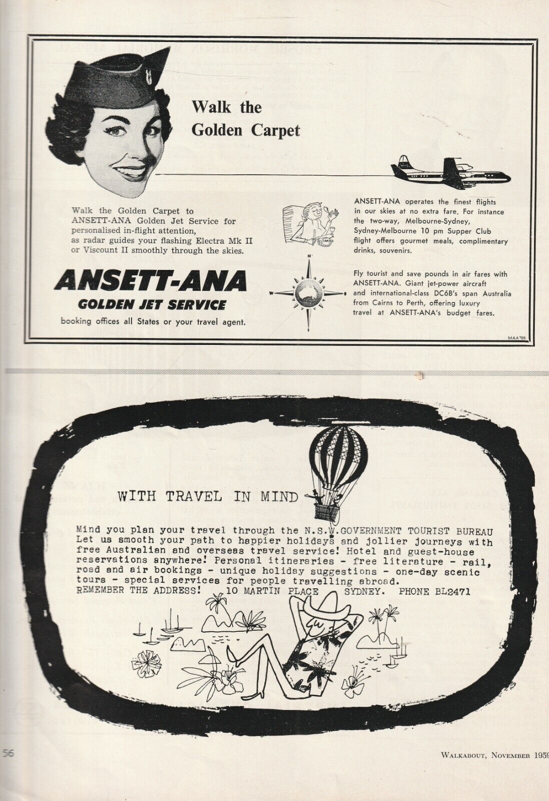 OLD AUSTRALIAN ADVERTISING , ANSETT-ANA , GOLDEN JET SERVICE , TRAVEL , 1959