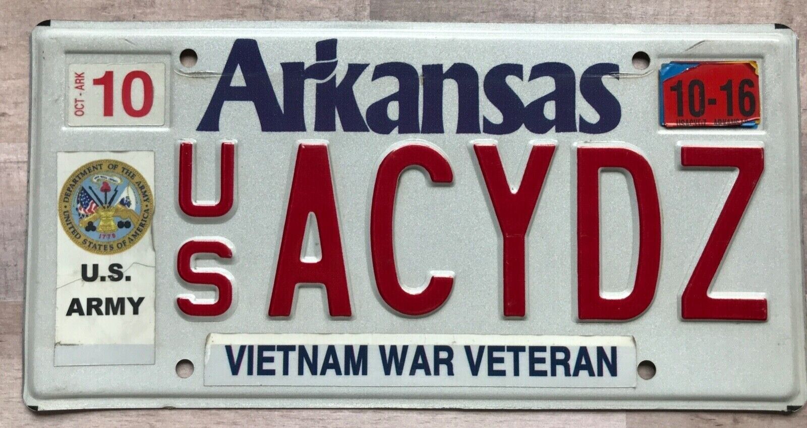 Arkansas 2016 Vietnam War Veteran US Army License Plate ACYDZ