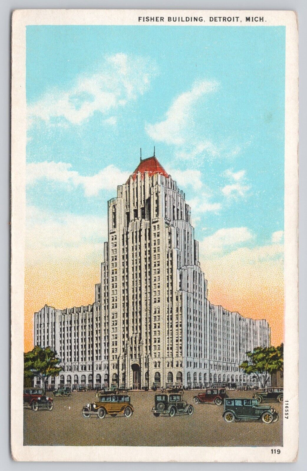 Fisher Building Detroit Michigan 1920s Cars Unposted Vintage Postcard