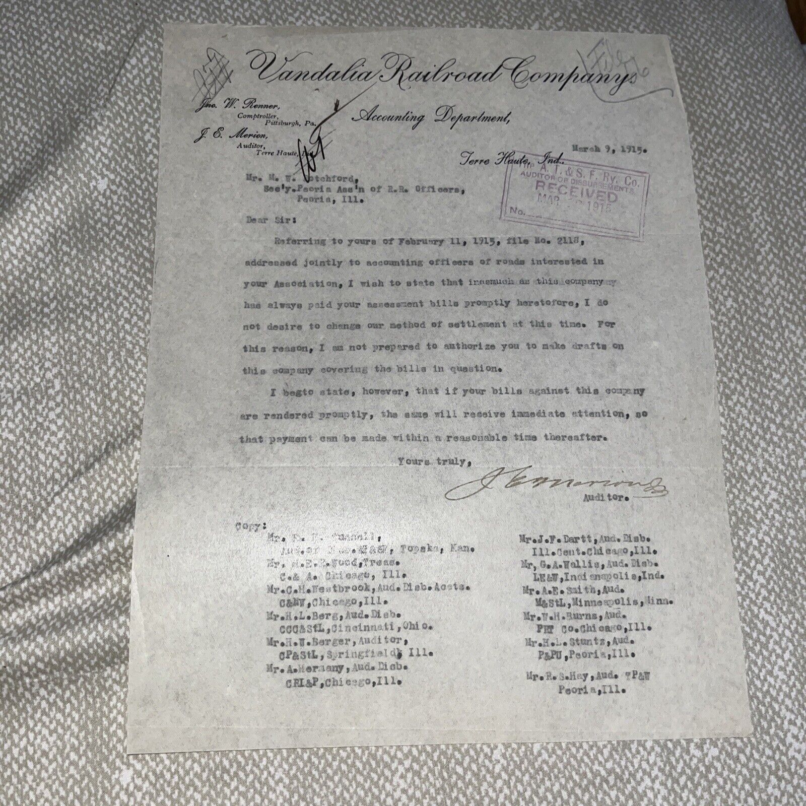 1915 Vandalia Auditor Letter to Sec’y Peoria Association of Railroad Officers