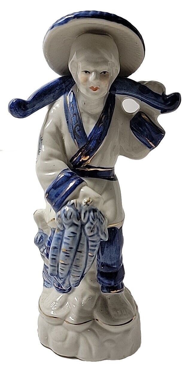 Vintage Chinoiserie Blue White Porcelain Asian Fisherwomen Hand Painted Figurine