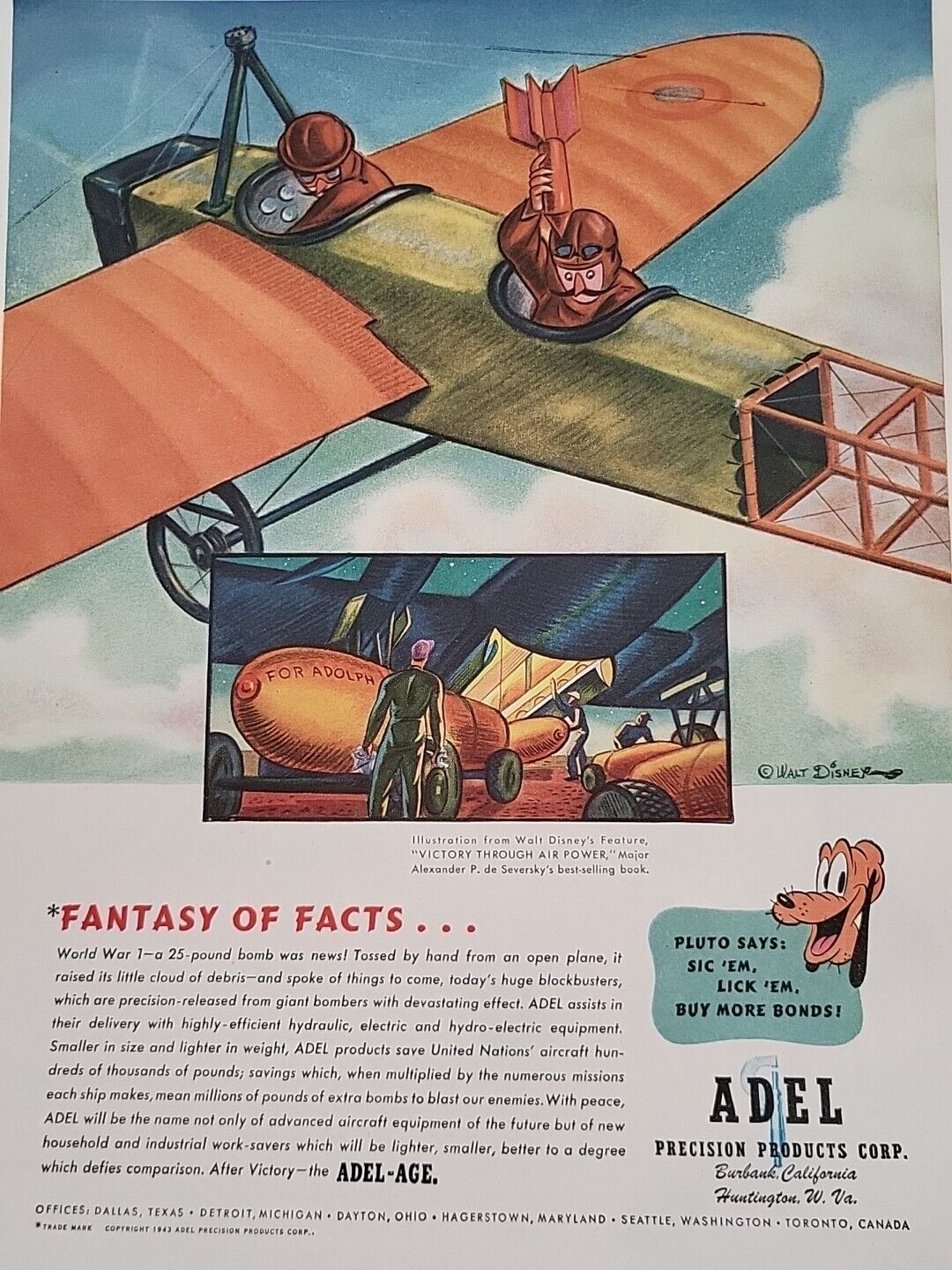 1943 Adel Precision Products Fortune WW2 Print Ad Plane Pilot Bombs Pluto Disney
