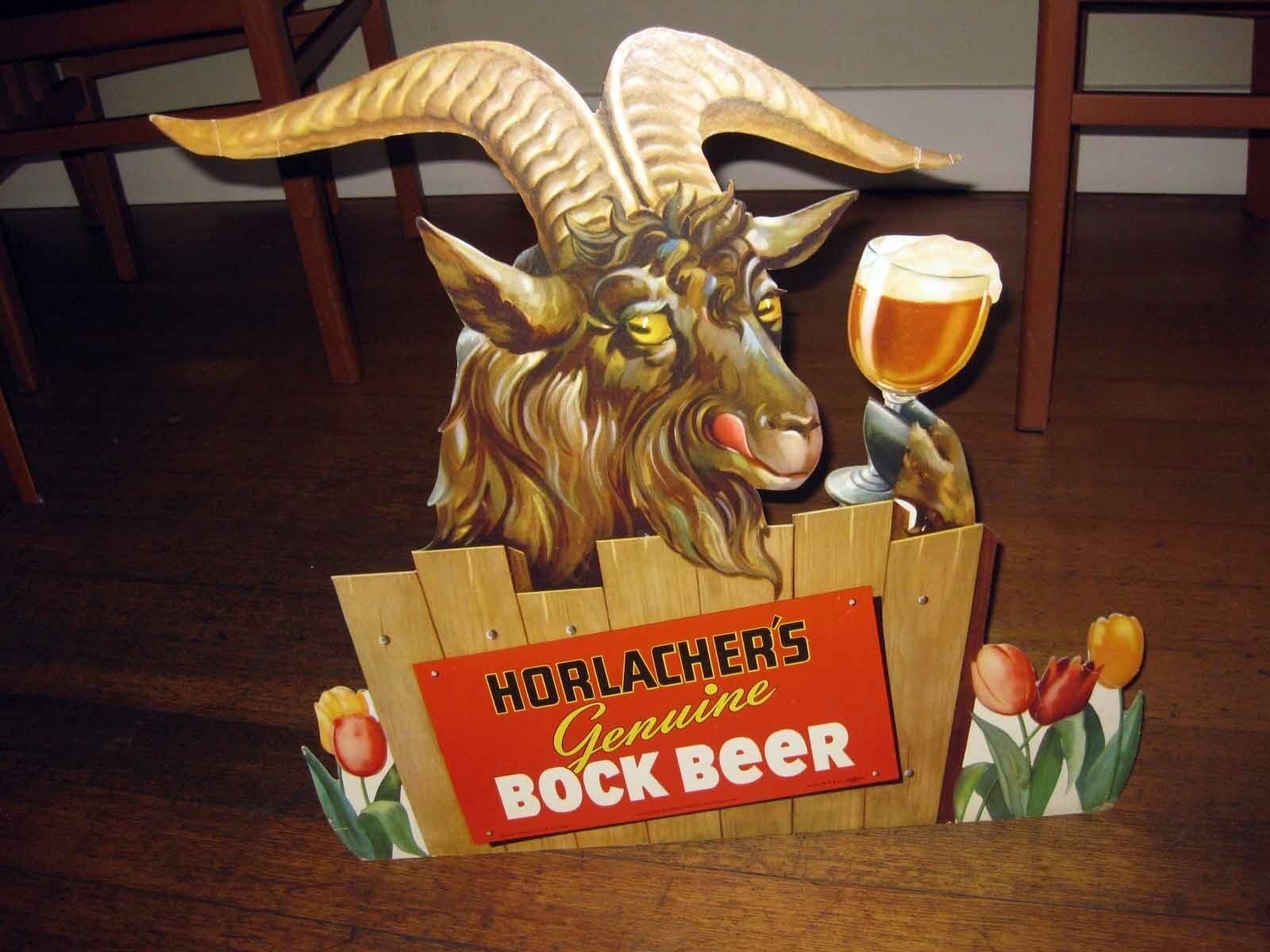 Authentic 1950-60s Horlacher\'s Bock Beer Display Sign w/ Goat Drinking Beer M73