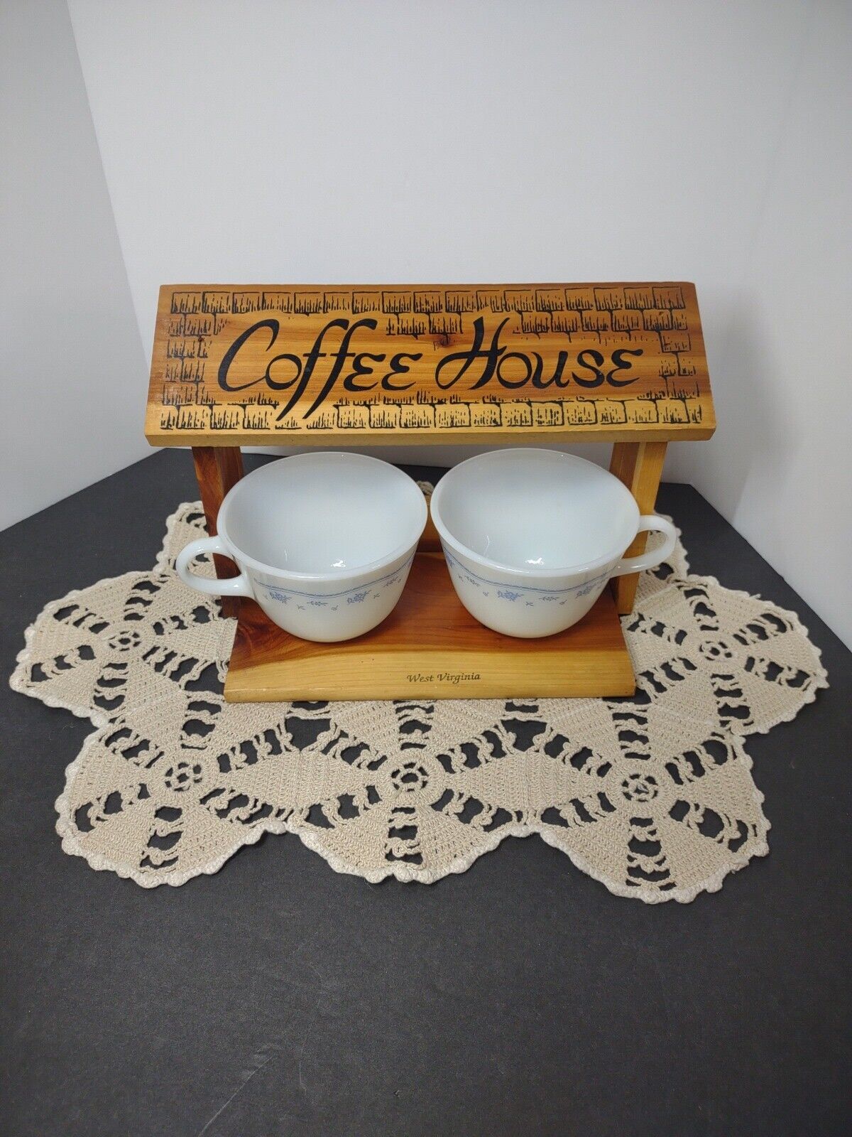 Vintage Wooden West Virginia coffee house and pyrex cups 