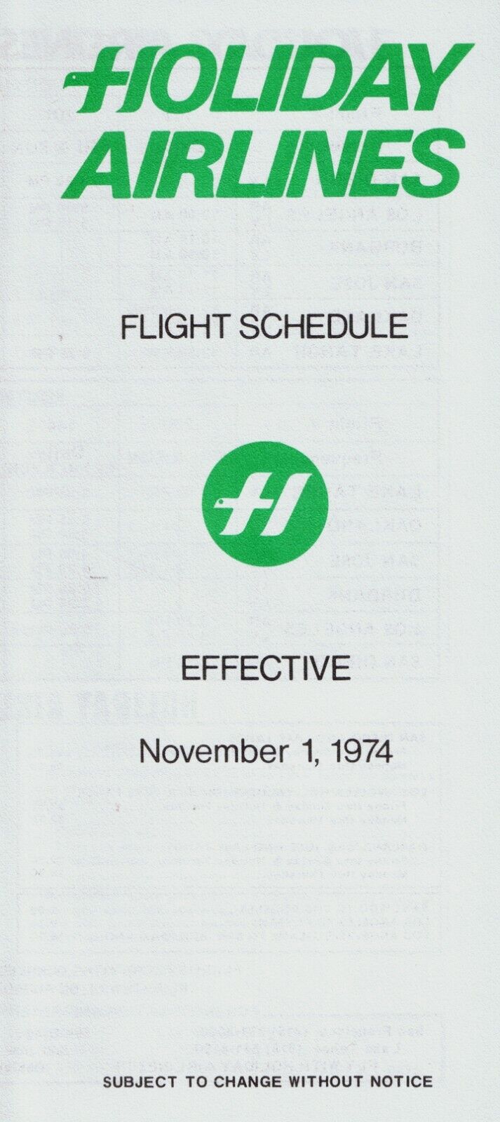 Holiday Airlines Timetable  November 1, 1974 =