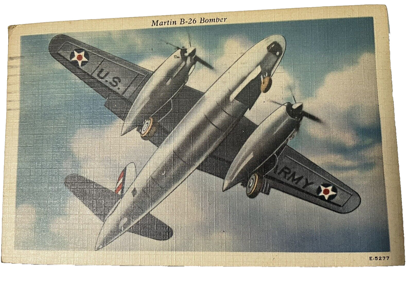 WWII era Postcard US Army Martin B-26 Bomber E-5277 Linen Defense Savings Bond