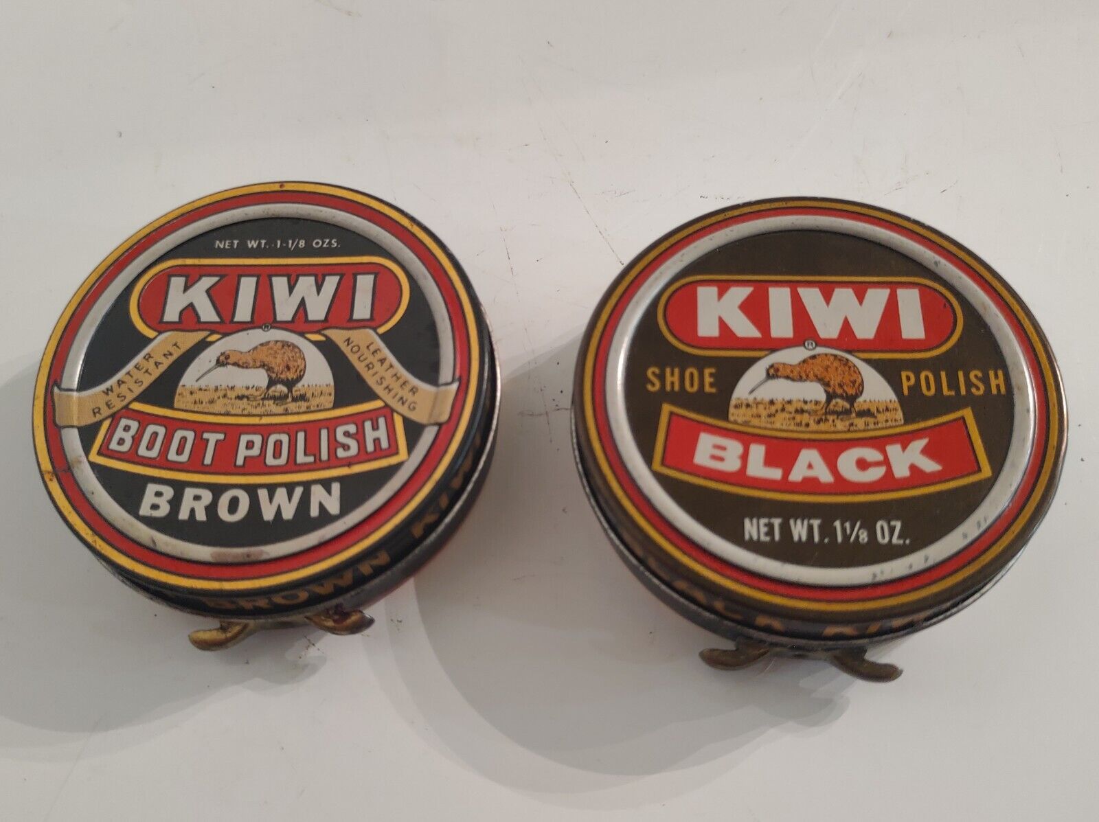 Vintage KIWI Brown Boot Polish Tin 33 Black Shoe 39 Can Advertising Empty USA