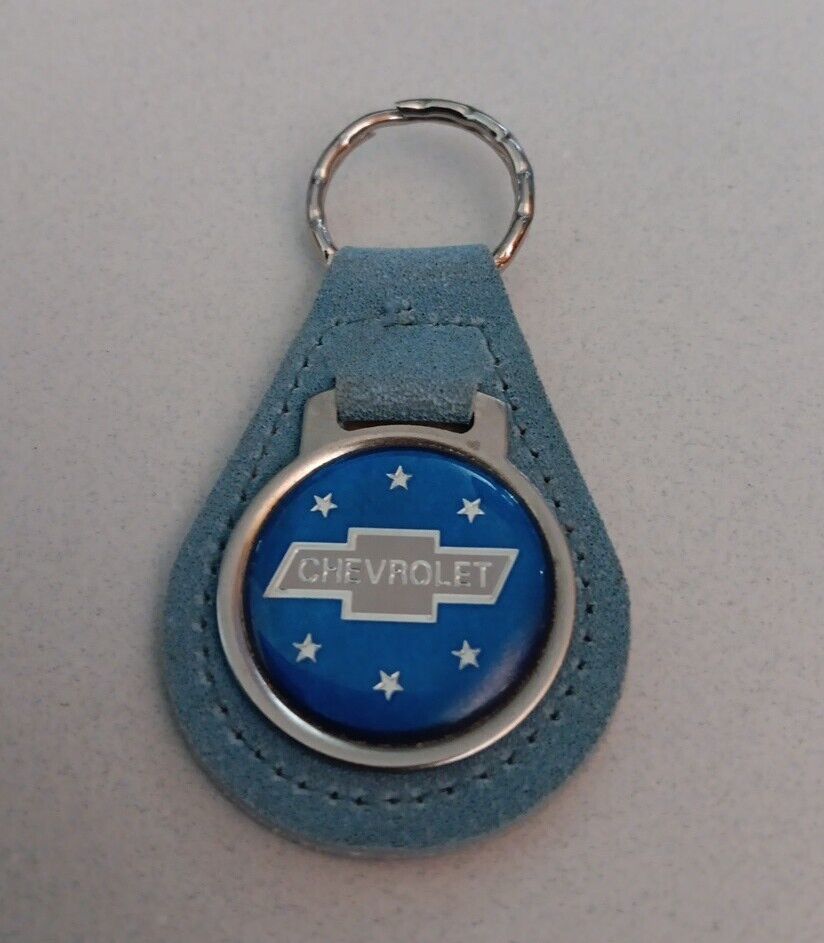 Vintage Chevrolet Logo With Stars Metal Pendant On Leather Keychain - Baby Blue 