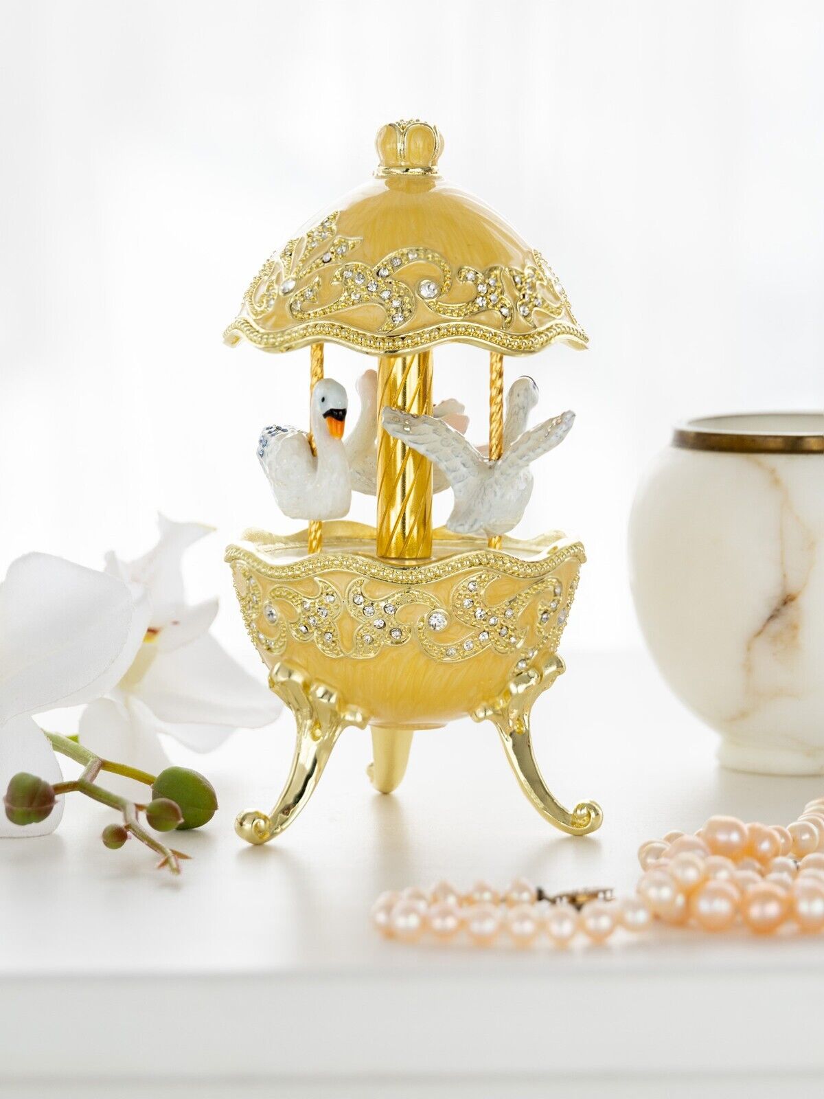 Keren Kopal Yellow Carousel Egg & Royal Swans Decorated with Austrian Crystals