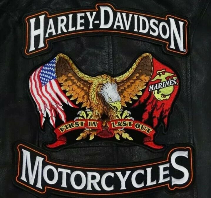 HARLEY 12 INCH TOP BOTTOM ROCKER WITH 11 INCH MARINES 3 PC BACK PATCH 