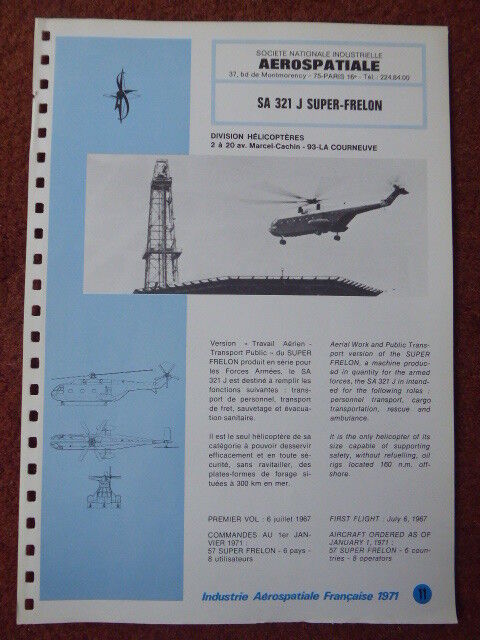 1971 AERONAUTICAL AEROSPACE DOCUMENT HELICOPTER SA.321 J SUPER HORNON