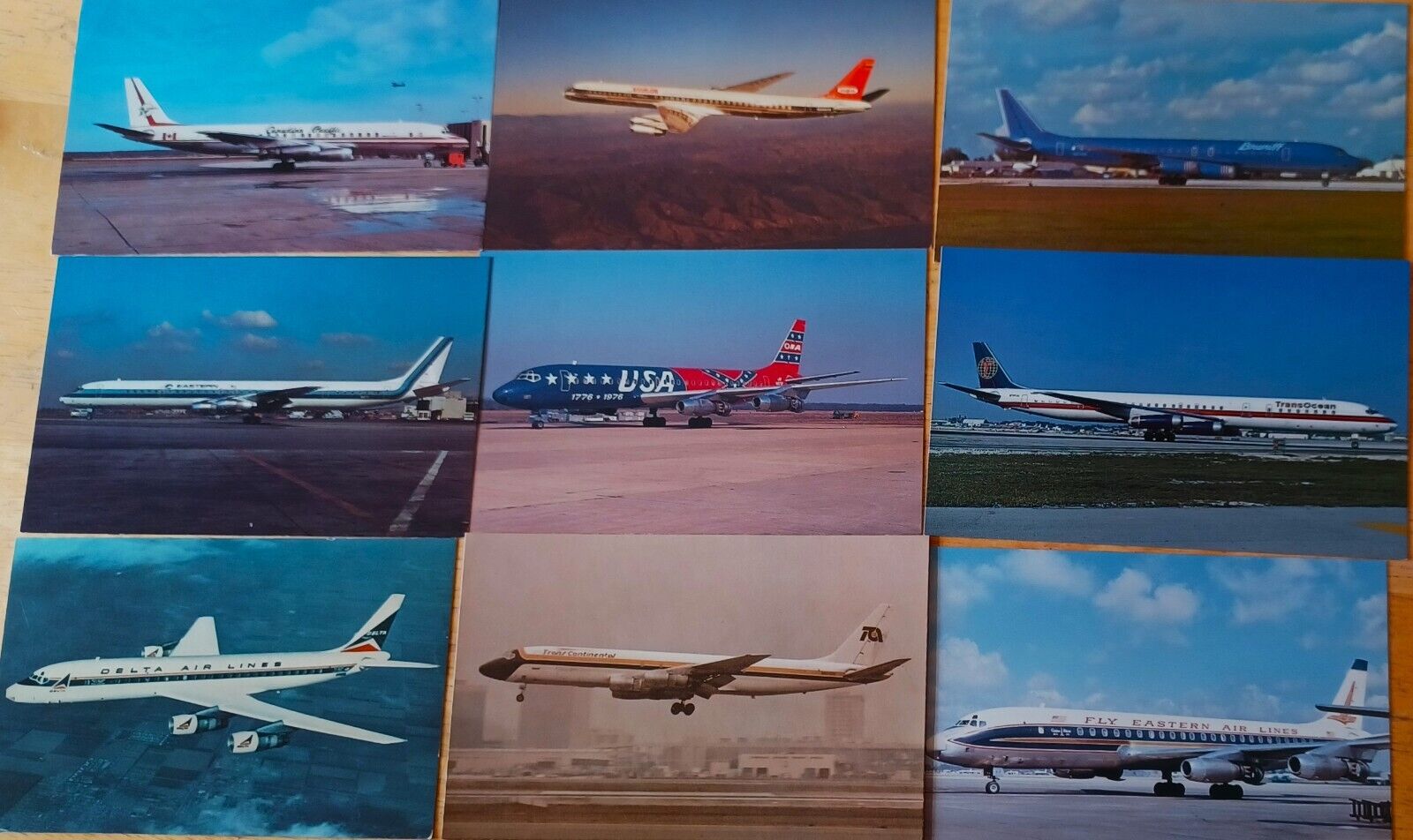 DC-8 Douglas 9 Airlines Postcard Lot #1, DELTA, TRANSOCEAN, VIASA, BRANIFF, ONA