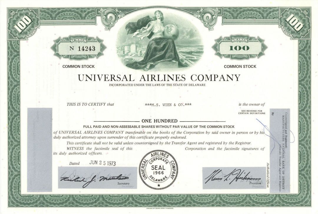 Universal Airlines Co. - dated 1970's Aviation Stock Certificate - Shows M. Lama